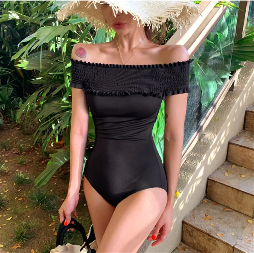 

Sexy Off Shoulder One Piece Swimsuit Women Solid Swimwear Pleated Monokini Push Up Swim Suit Korea Trikini Black Bathing Suit