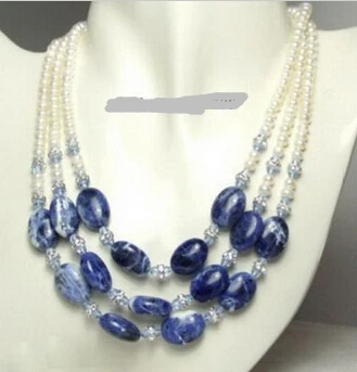 

HOT 0015243 3 Rows Genuine White Pearl Lapis Lazuli 18KWGP Clasp Necklace