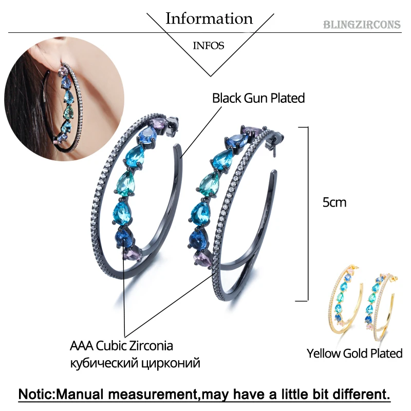 BeaQueen черный пистолет цвет зеленый синий розовый большой двойной круглый круг обруч серьги Радуга CZ Кристалл ювелирные изделия для женщин E280