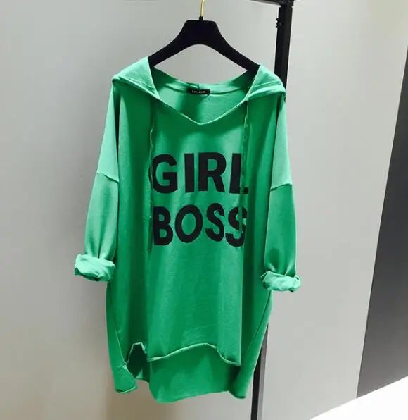 Весенняя Свободная рубашка с капюшоном Большие размеры худи для студентов средней длины с буквенным принтом и длинными рукавами женские рубашки-топы - Цвет: Темно-зеленый