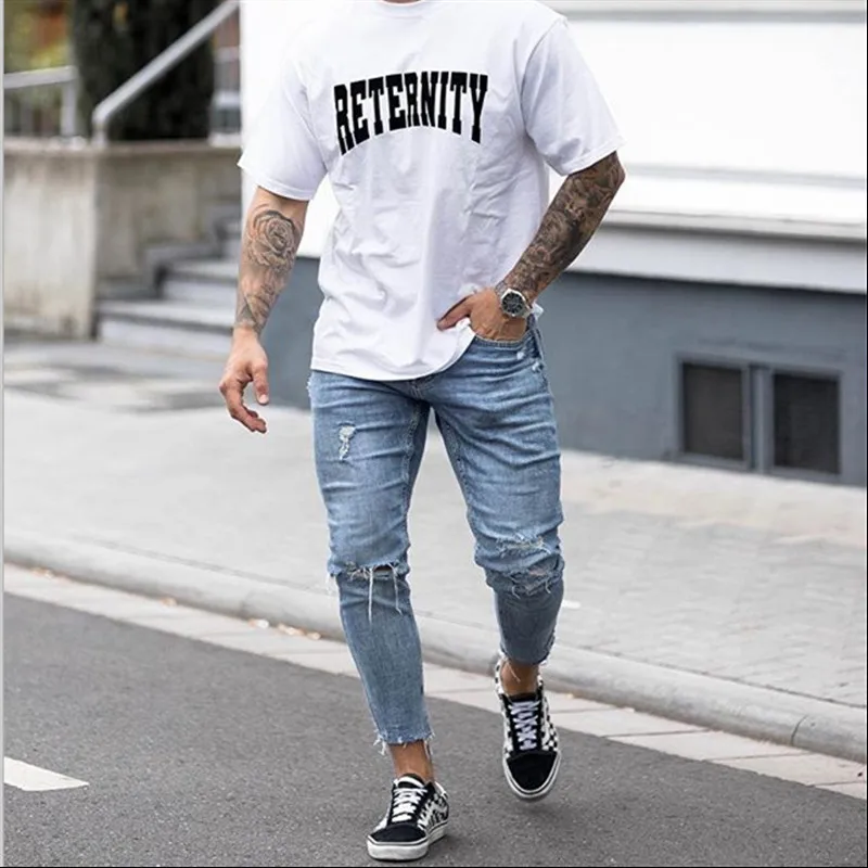 

Men New blue Knee Ripped Destroyed Skinny Jeans Hip hop Fashion Designer Streetwear male Casual Joggers Denim trousers
