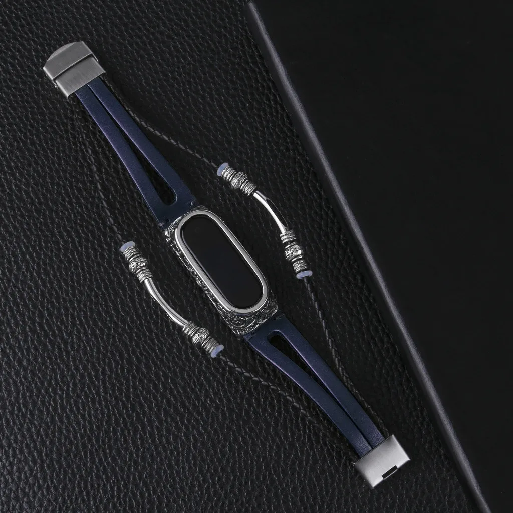Двухрядные кожаные Смарт-часы браслет для Xiaomi mi Band 4 с металлическим корпусом защитная пленка из нержавеющей стали с пряжкой