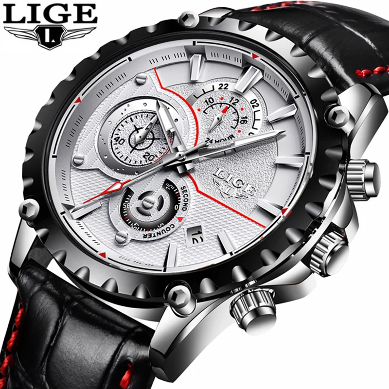 

LIGE Watch Men Leather Chronograph Sports Quartz Watches Men's Fashion Casual Waterproof Military Wrist Watch Relogio Masculino