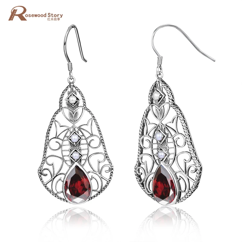 

Mother's Gift Red Stone Crystal Earrings Elegant Waterdrop Natural Pearl 925 Sterling Silver Bride Drop Earrings Women Jewelry