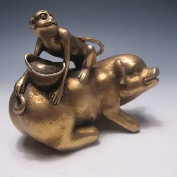 

Collectibles China Superb Copper -Monkey&Pig&Ingot Statue