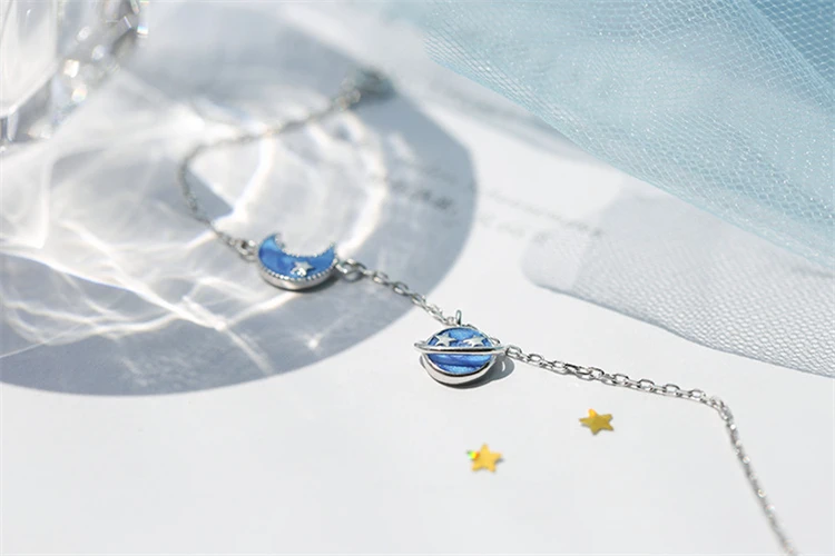 HEYLUOKE высокое качество 925 пробы глазурь синий Серебряный маленькая вселенная подвески в виде полумесяца браслет женские ювелирные изделия, кулон