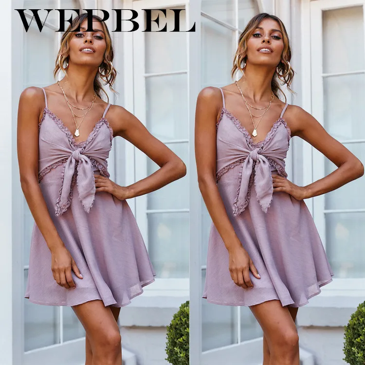 

WEPBEL Women Sling Summer Dress with Smell Deep V Solid Hollow Out High Waist Bow Casual Comfort Mini Dresses
