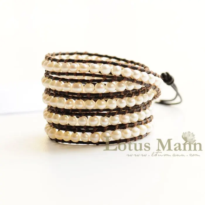 

Lotusmann new latest mother of pearl 5 wrap bracelet on nature leather wrap Wrap Bracelet on Leather