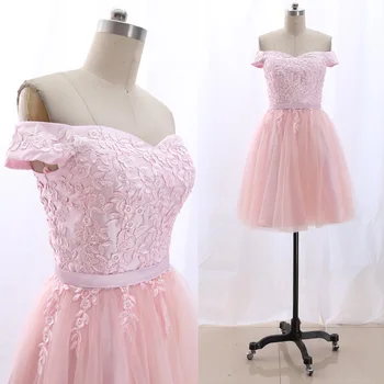 

MACloth Pink Short Off the shoulder Knee-Length Short Embroidery Tulle Prom Dresses Dress M 265888 Clearance