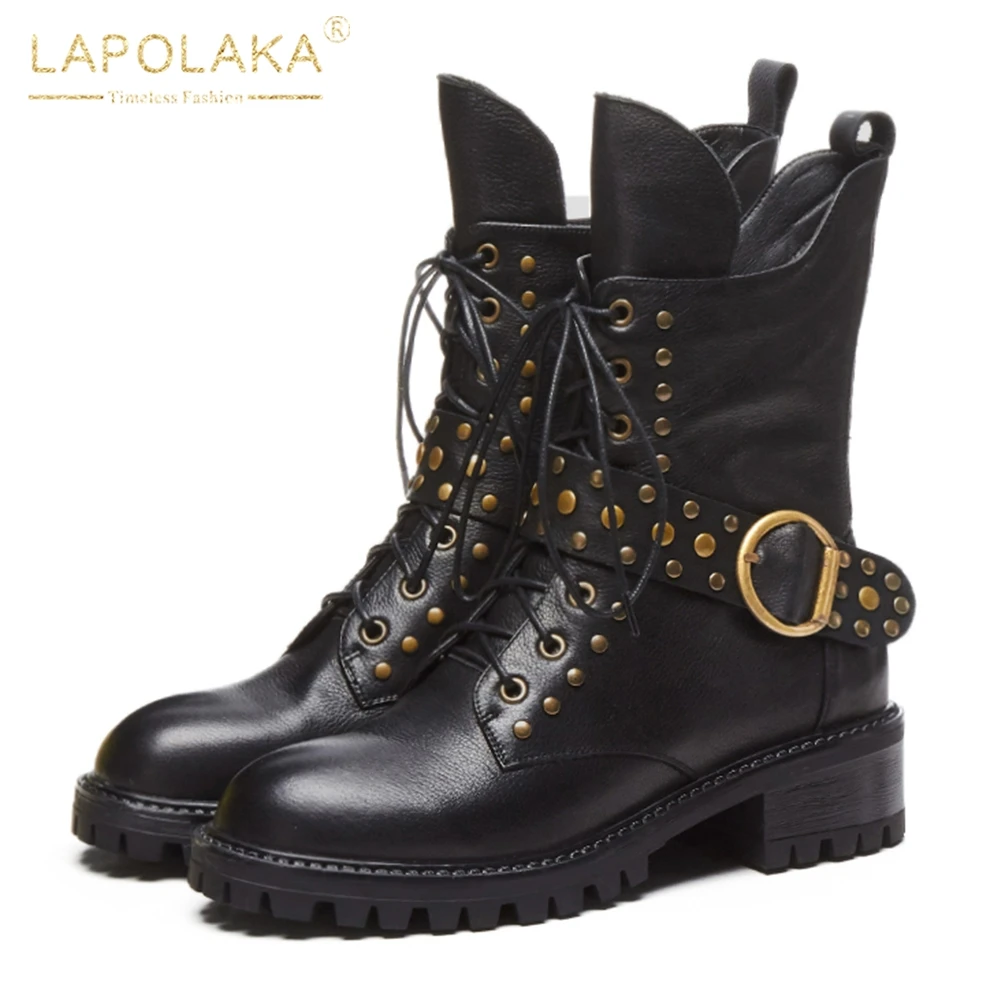 

LAPOLAKA Large Size 34-42 Genuine Leather Zip Up Rivet Shoes Woman Boots Square Heels Cow Leather Mid Calf Boots Woman Shoes