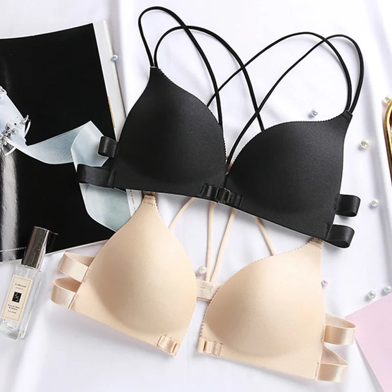 

Front Closure Bras Padded wire free Strappy Super Push Up Bralette Sexy Women intimes Backless Underwear Push Up Deep V Black