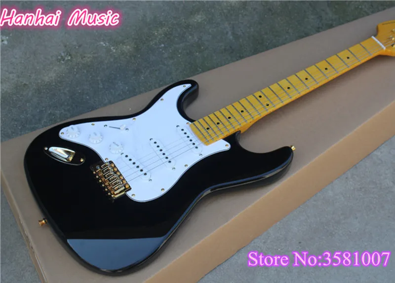 

Electric Guitar,Black Color,Left-hand Version,Gold Hardware with Vintage Maple Fingerboard,White Pickguard and can be Customized