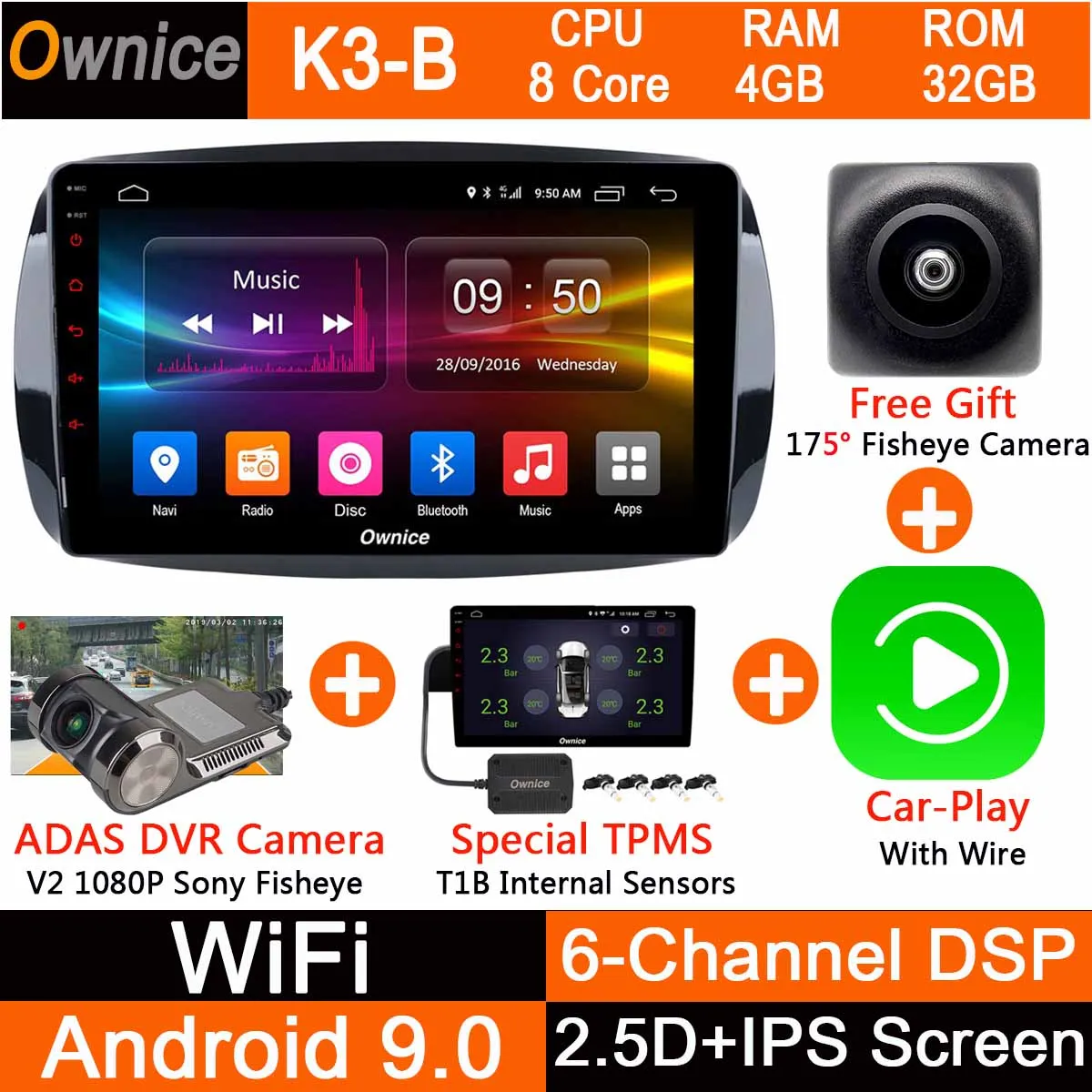 " ips Android 9,0 4 Гб ram+ 32 Гб rom 8 ядерный автомобильный радиоплеер для Mercedes Benz Smart Fortwo Forfour ADAS DSP CarPlay - Цвет: K3B-CarPlay-TPMS-DVR