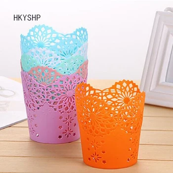 

HKYSHP Cute lace lace openwork pen holder creative storage barrel desktop small trash storage basket school office supplies
