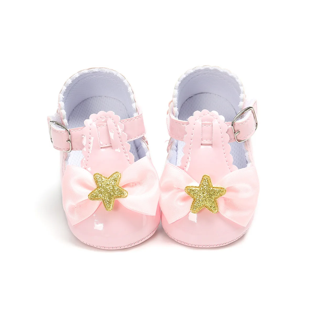 Весенний милый, для новорожденных девочек В стиле принцессы бантом младенческой Дети из PU искусственной кожи, на нескользящей подошве обувь для младенцев Нескользящие домашние тапочки - Цвет: Pink