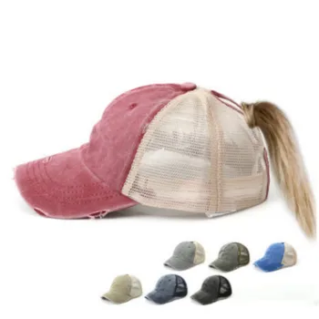

Women Summer Ponytail Hat Patchwork Distress Messy Bun Baseball Cap Hip Hop Female Mesh Trucker Hat Washed Summer Snapback Hat
