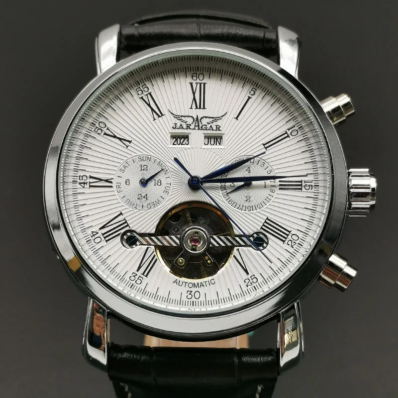 

Tourbillon Design Year Mouth Date Display Men Watch Luxury Brand Automatic Men Watches Silver Men Watch Leather Strap JARAGAR