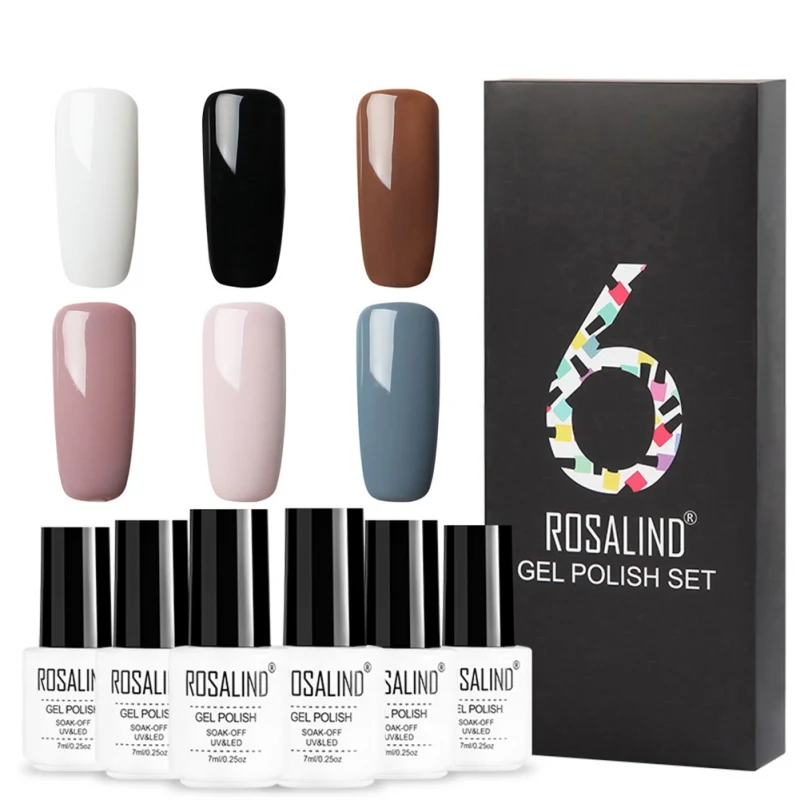 6 шт./партия) ROSALIND 7 мл набор для ногтей УФ Блестящий лак для ногтей длительный Набор украшения ногтей Гель-краска Уход за ногтями подарочная коробка