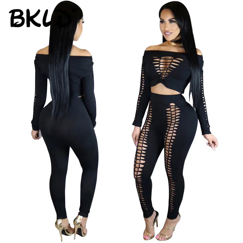 BKLD 2018 Two Piece Set Sexy Hollow Out Long Sleeve Off Shoulder Womens Crop Tops And Pants Tracksuit 2 Piece Outfit Sets Female