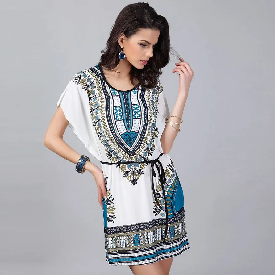 

2018 Women Summer Fashion Vintage Europe Pattern Print Bohemian Style Mini Batwing Beach Party Dress Plus Size tunic