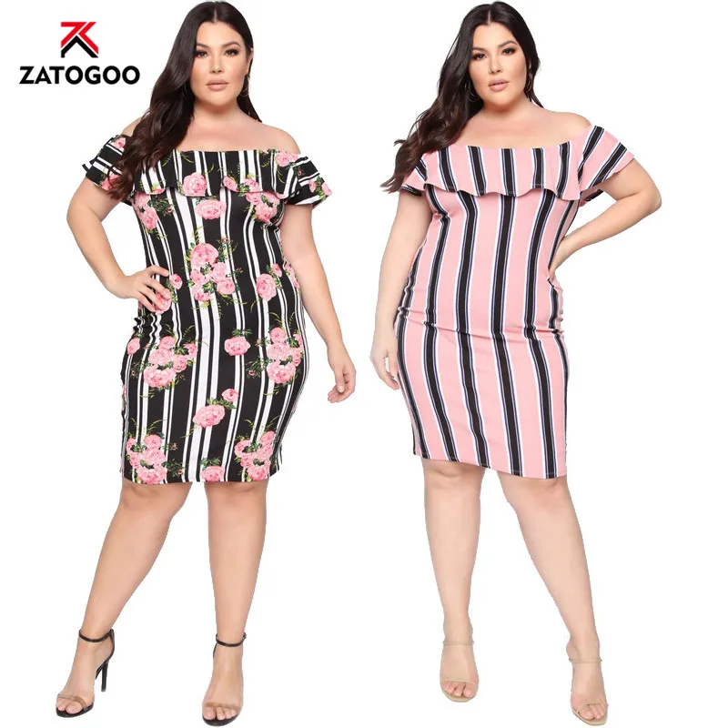 

2019 Women Elegant Large Plus Size Short Sleeve Layer Stripe Bodycon Dress Off Shoulder Printed Floral Oversize Party Dress Pink