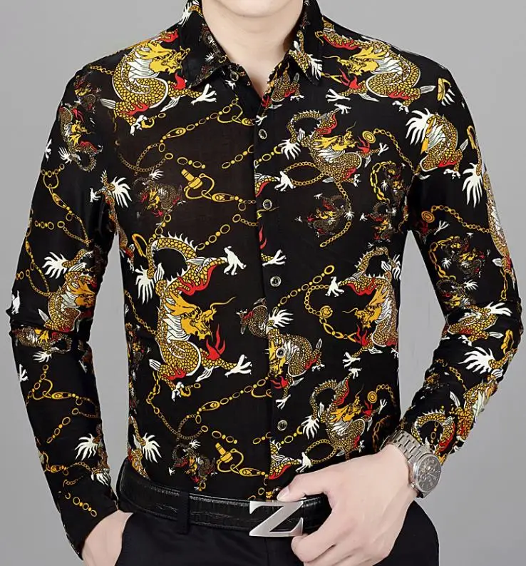 Winter Thick Warm Shirts Trendy Luxury Mens Velour Shirt Turn Down Collar Slim Fit Dragon Pattern Shirts