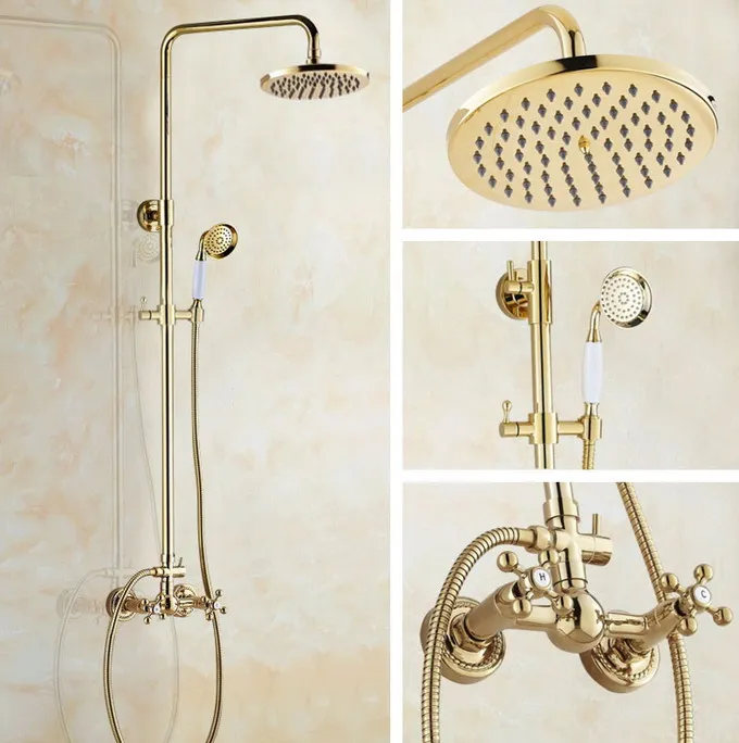 

Luxury Polished Gold Color Brass Dual Cross Handles Bathroom Round Rainfall Shower Faucet Set Bath Mixer Tap mgf334
