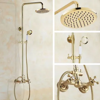 

Luxury Polished Gold Color Brass Dual Cross Handles Bathroom Round Rainfall Shower Faucet Set Bath Mixer Tap mgf334