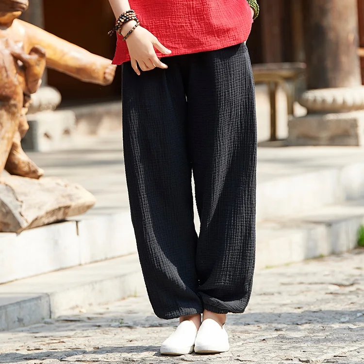 

ORIGOODS Elastic Waist Solid Cotton Women Pants Vintage Casual Summer Pants Women Trousers Long Bloomers Pants Femme B193