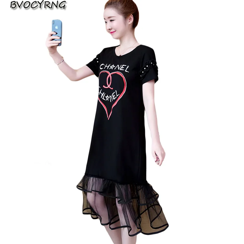 

Black Summer Dress Women's 2019 New Fashion Plus Size women Casual Dresses O-Neck Short Sleeve Long student Dress female A1201