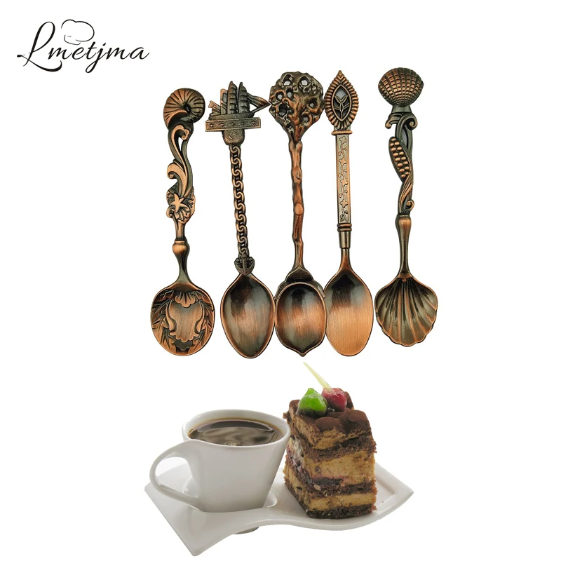 

LMETJMA 5pcs/set Retro Luxury Coffee Spoon Set Bronze Carved Tea Spoons for Tea Party Kitchen Drinking Coffee Spoon Set KC0168