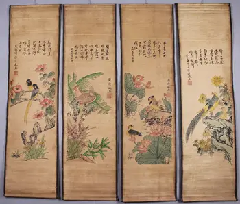 

Adornment picture is hanged antique calligraphy and painting the living room four screen Flowers and birds