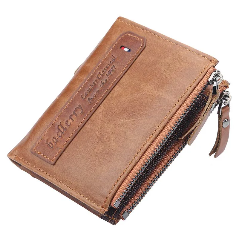 Baellerry Men Wallets Genuine Cow Leather Double Zipper Card Holder High Quality Male Purse Vintage Coin Holder Men Wallets - Color: brown