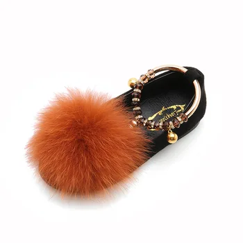 

Mumoresip Autumn Winter Girls Shoes Warm Soft Real Fox Fur Fluffy Hair Ball Kids Shoes Ankle Strap Rhinestone With Bell Pendant