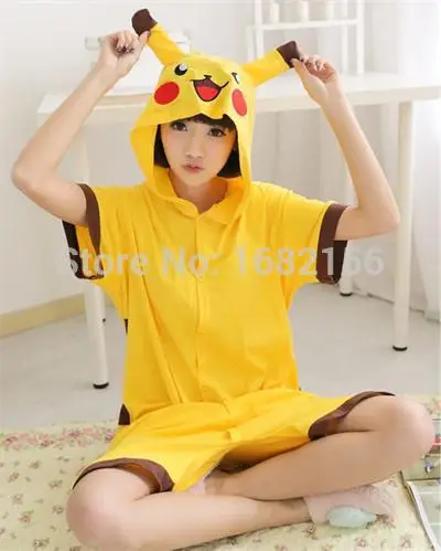 

Adult Pikachu Pajamas Short Sleeve Animal Onesie Hoodie Pikachu Summer Onesies Costume Unisex 100% Cotton Pyjamas Sleepwear
