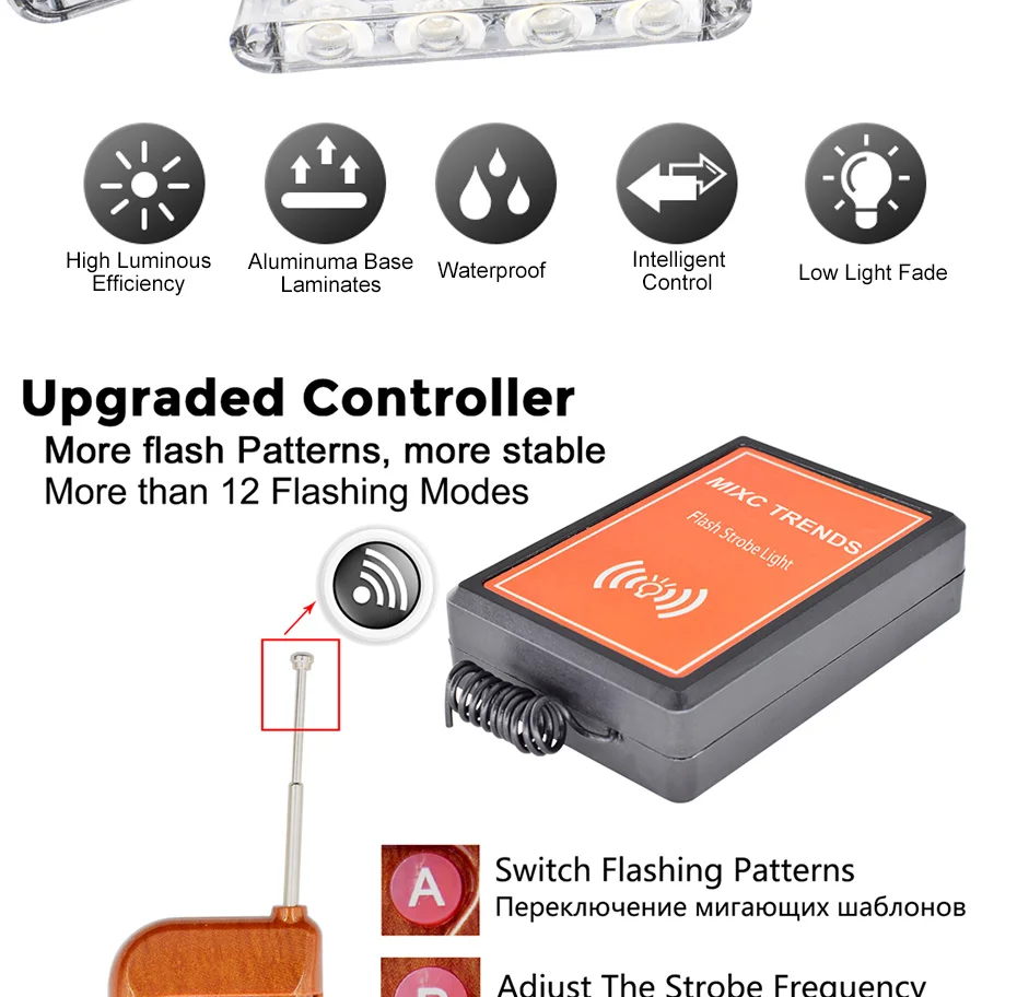 Беспроводной пульт дистанционного управления 2x4 светодиодный стробоскоп сигнальные огни 12 В мигающий дневной бег DRL автомобильные грузовики мотоцикл аварийный мигалка полицейский светильник