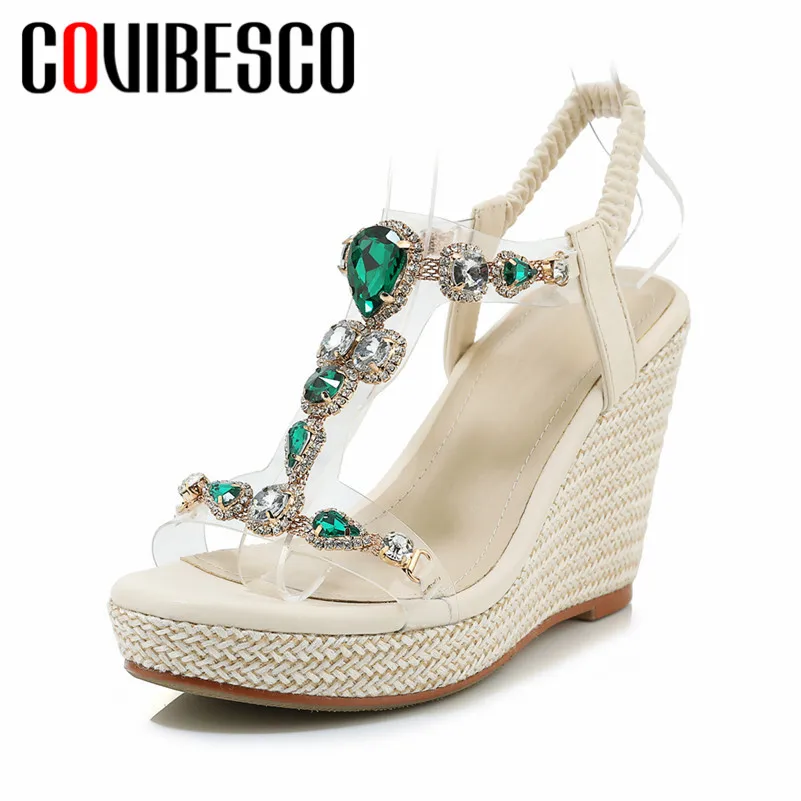

COVIBESCO Fashion Sexy Round Toe Super Wedges Shoes Woman Pu Leather Women Sandals Elastic Band Platforms Party Casual Shoes
