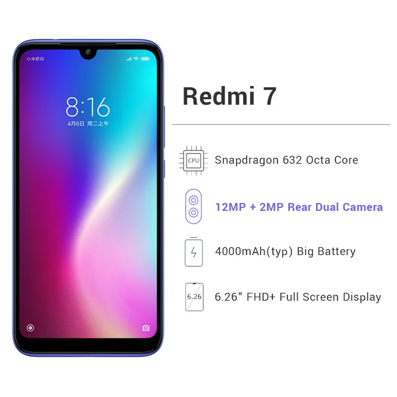 Глобальный Встроенная память Xiaomi Redmi 7 4GB 64GB Смартфон Snapdragon 632 Octa Core 6,26 дюйма, разрешение Full Экран 12MP 4000 мА/ч, Батарея мульти-Язык