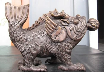 

song voge gem S0157 7"Chinese Royal Pure Bronze Copper Arowana Lucky Dragon Fish Play Bead Statue