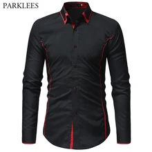 Mens Button Down Dress Shirts Casual Slim Fit Black Red Patchwork Shirt Men Long Sleeve Hip Hop Hipster Streetwear Plus Size 3XL