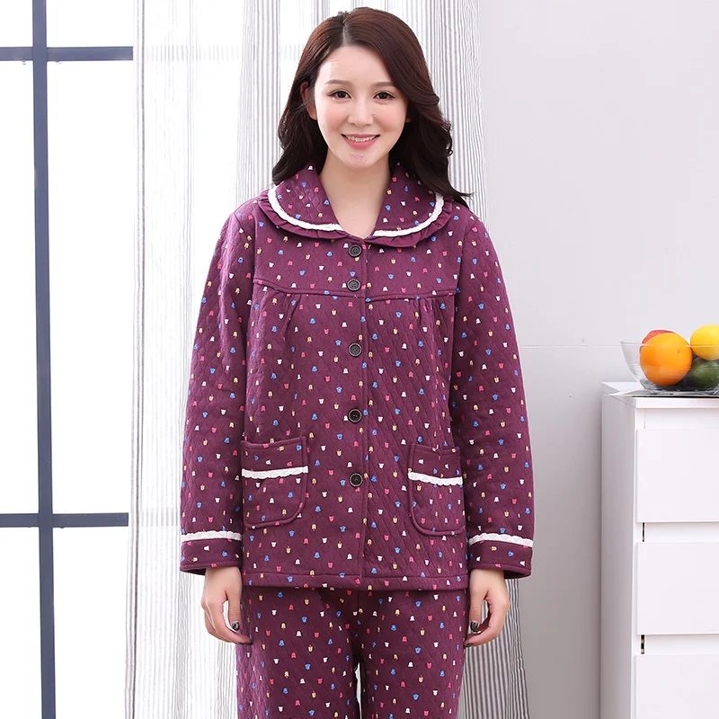 

Autumn Winter Women Quilted Pajamas Set long Sleeve Nightgown Cartoon Printed Cute Sleepwear Suit Female Thick Pijamas Mujer