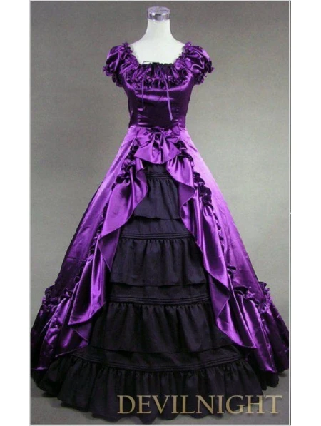 Модель в классическую фиолетовую и черный с короткими рукавами бантом Готический, викторианской эпохи платье