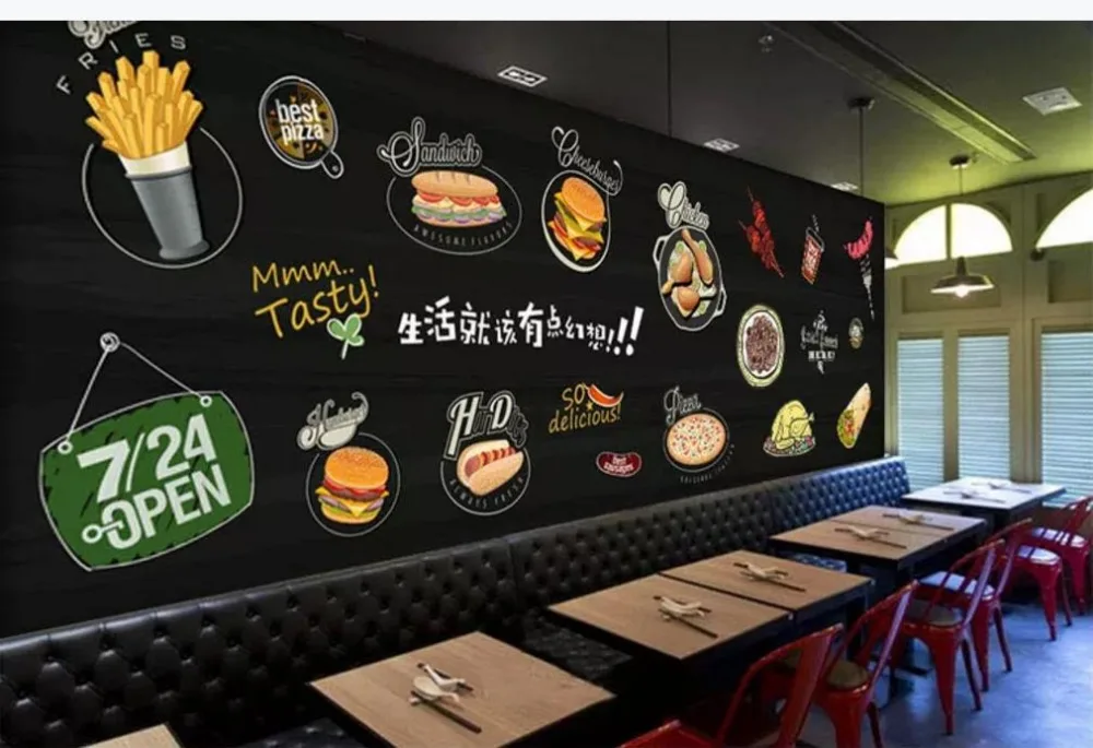 Заказ росписи обоев ручная роспись burger быстрого питания закуска для ресторана бар фоне стены-высококачественный стены тканью