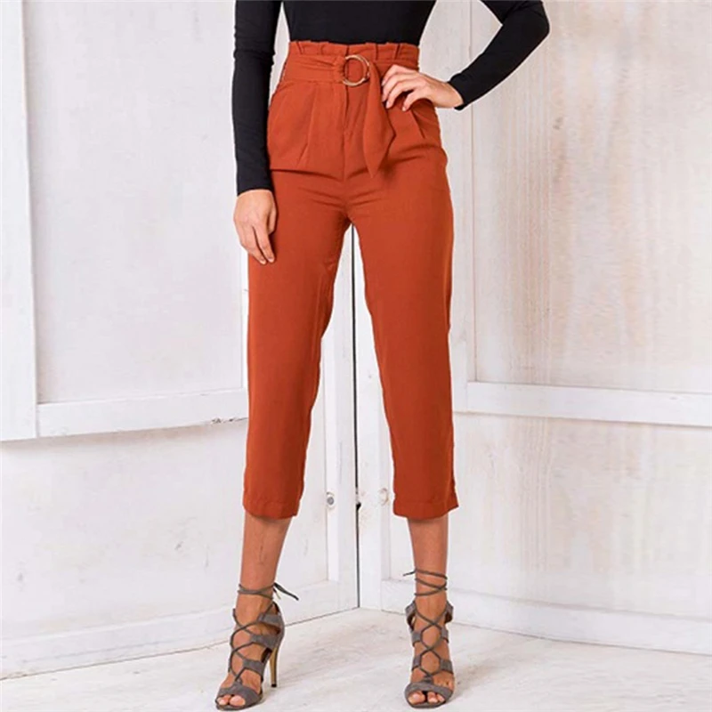 

Fashion Casual Pants High Waist Summer Belted Straight Leg Slacks Office Lady Calf-Length Pants Women Trousers Black Orange