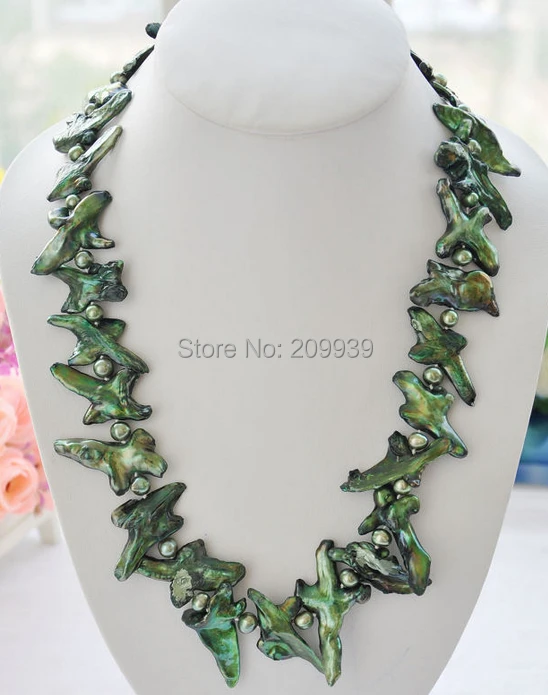 

free shipping 002639 40mm GREEN BAROQUE KESHI REBORN ROUND PEARL NECKLACE