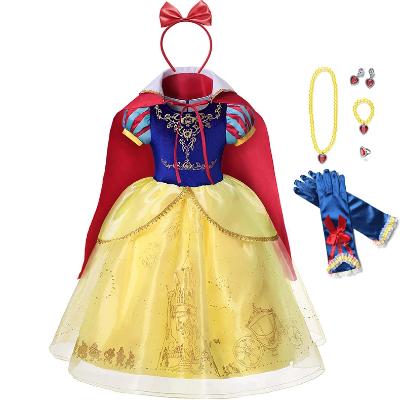 VOGUEON Girls Princess Snow White Costume Puff Sleeve Deluxe Prom Party Gown with Long Cloak Children Halloween Fancy Dress Up - Цвет: Dress Set 01