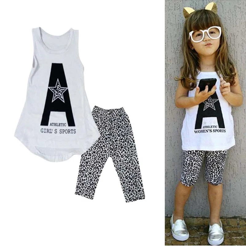 

Girls Summer Casual Clothes Set Children Print Star Vest Leopard Pants Girl Suits 2016 Girl Clothing Sets for Kids LH6s