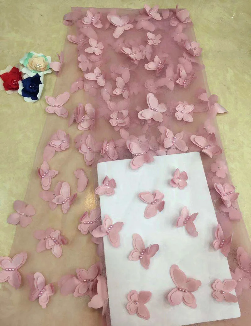 

(5yards/pc) high quality dusky pink African tulle lace fabric with graceful 3D butterflies and beads for party dress FZZ053
