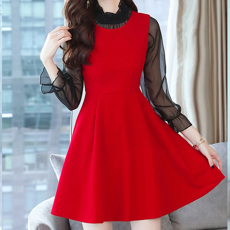 

2018 fall winter transparent Elegant black Red Lace chiffon Elegant Party Dress Women Long Sleeve Casual Dresses 972E