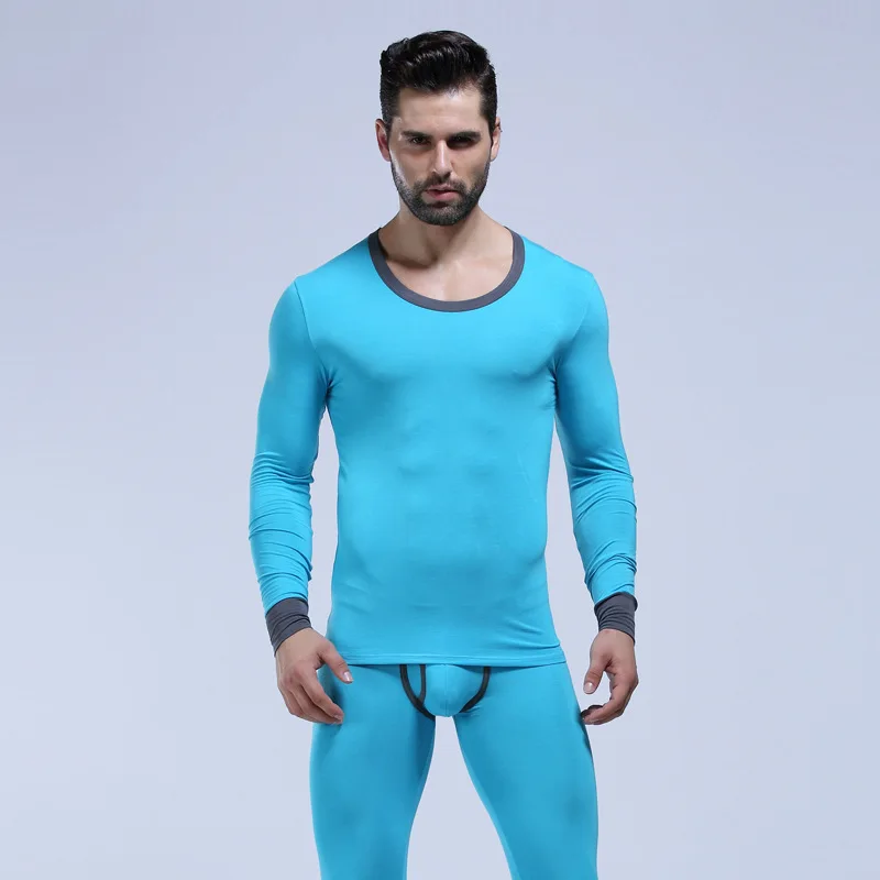 Модальные кальсоны, набор, мужское термобелье, термо-рубашка+ штаны, 2 шт, сексуальный, открывающийся чехол, мужские леггинсы, одежда на осень и зиму - Цвет: sky blue